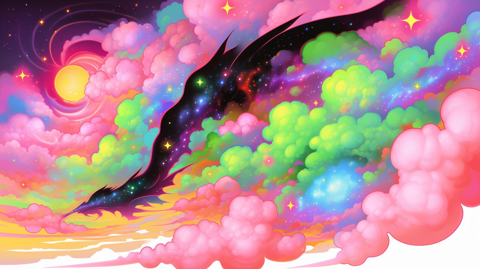 Feeling like flying: cosmos, galaxies and nebulae in pink, green and violet clouds.